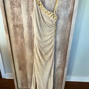 Betsy & Adam One Shoulder Beaded Metallic Gown